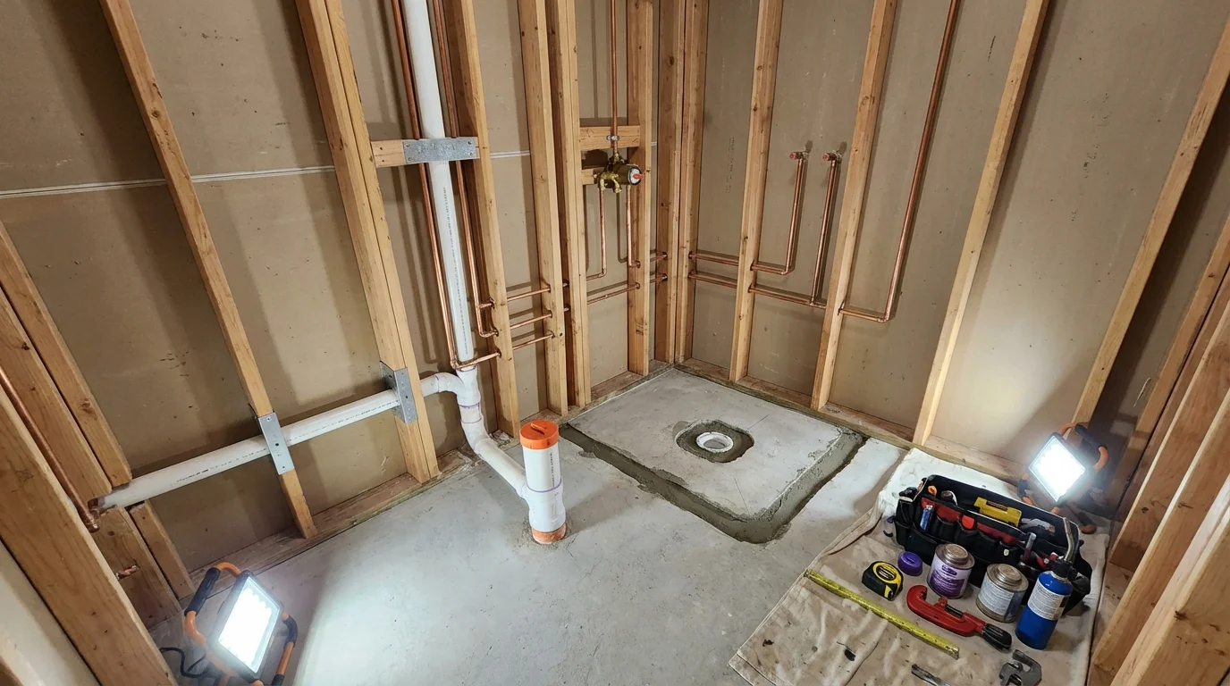 Bathroom rough-in plumbing during remodel by Johns Plumbing LLC in Minot