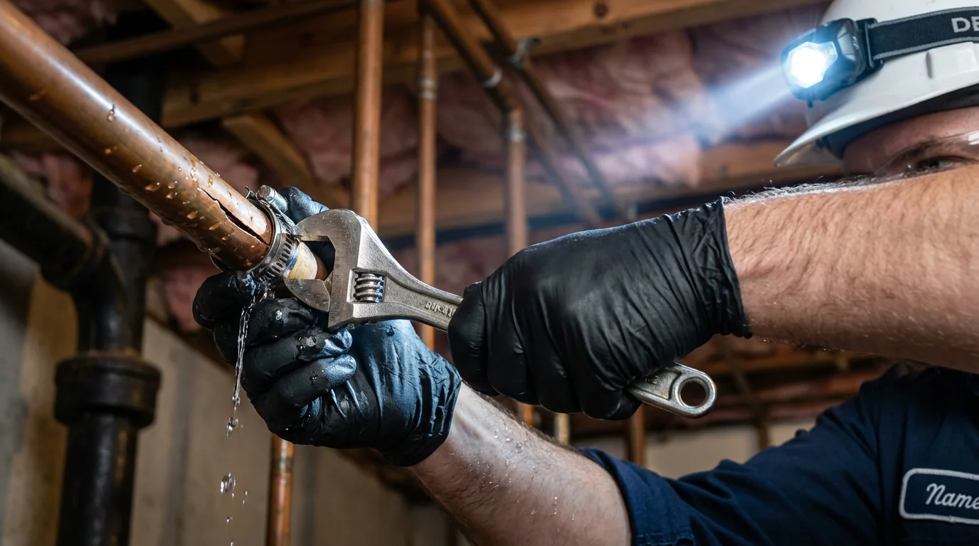 Emergency pipe clamp repair being performed by a Johns Plumbing LLC plumber in Minot