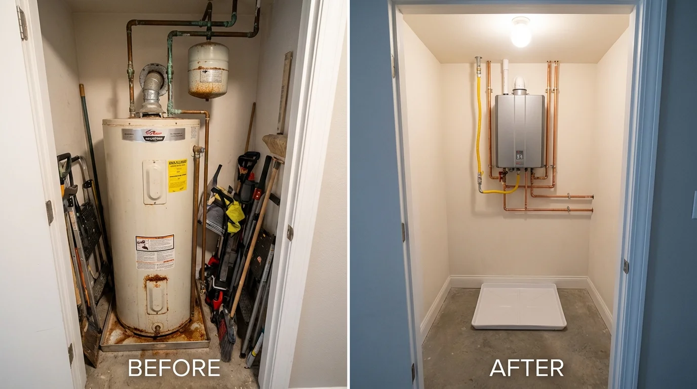 Tank water heater versus wall-mounted tankless unit comparison for Minot, ME homeowners