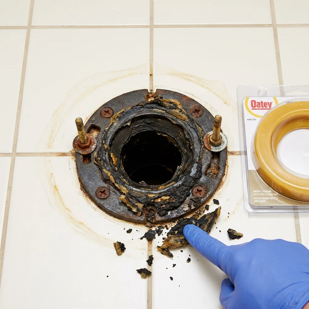 Failed wax ring showing water seepage at the base of a toilet in a Minot, ME home