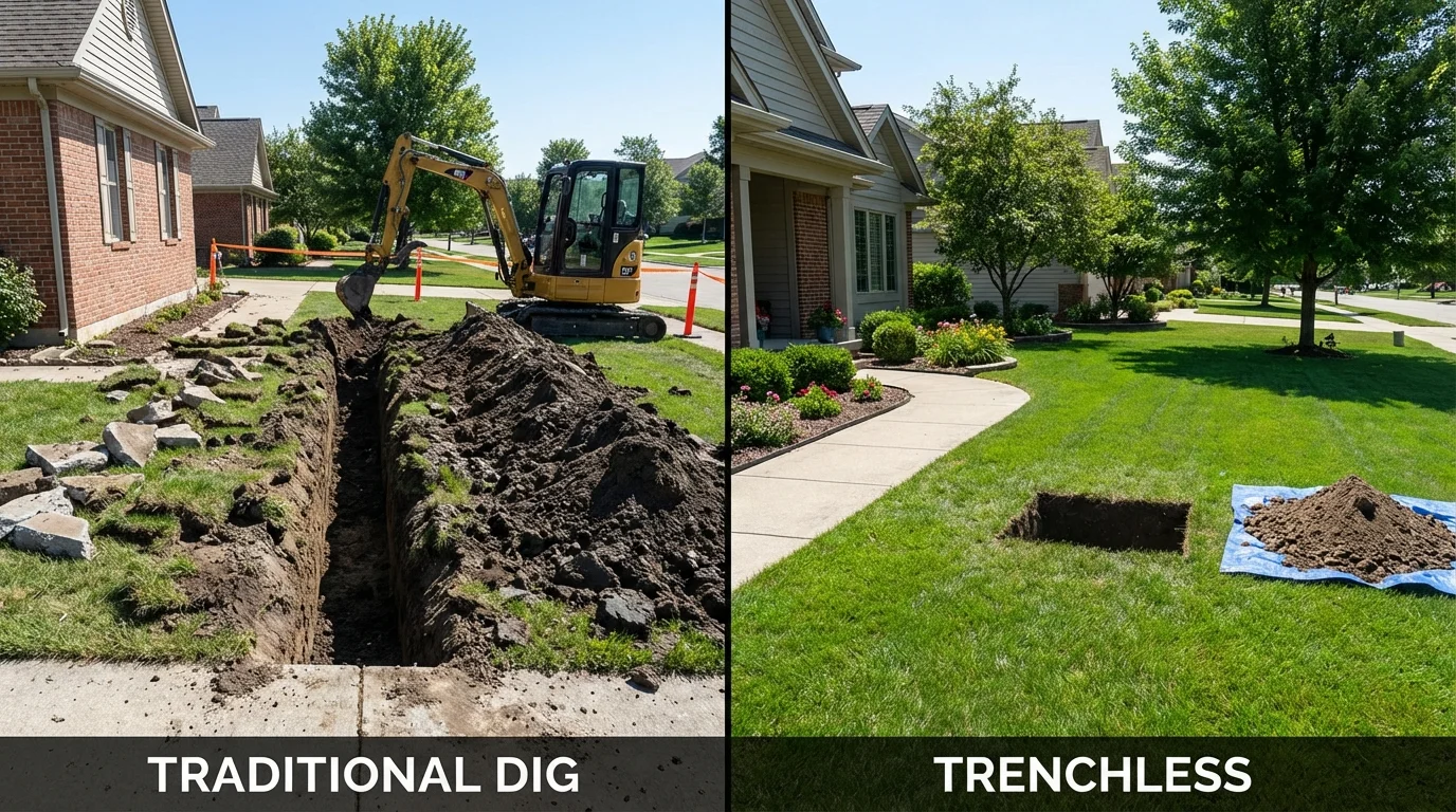 Trenchless sewer repair with minimal yard damage versus traditional excavation in Minot, ME