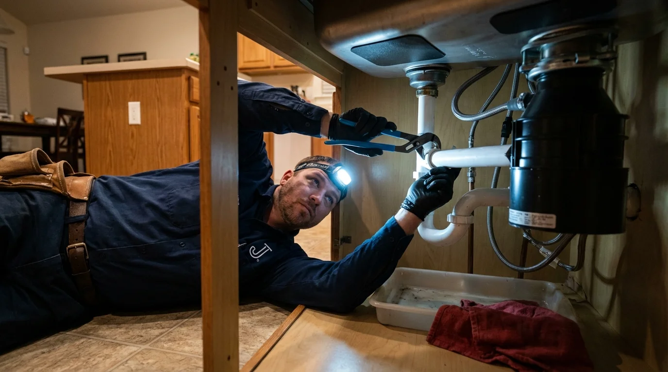 P-trap and supply line connections under a kitchen sink showing a common leak point in Minot, ME